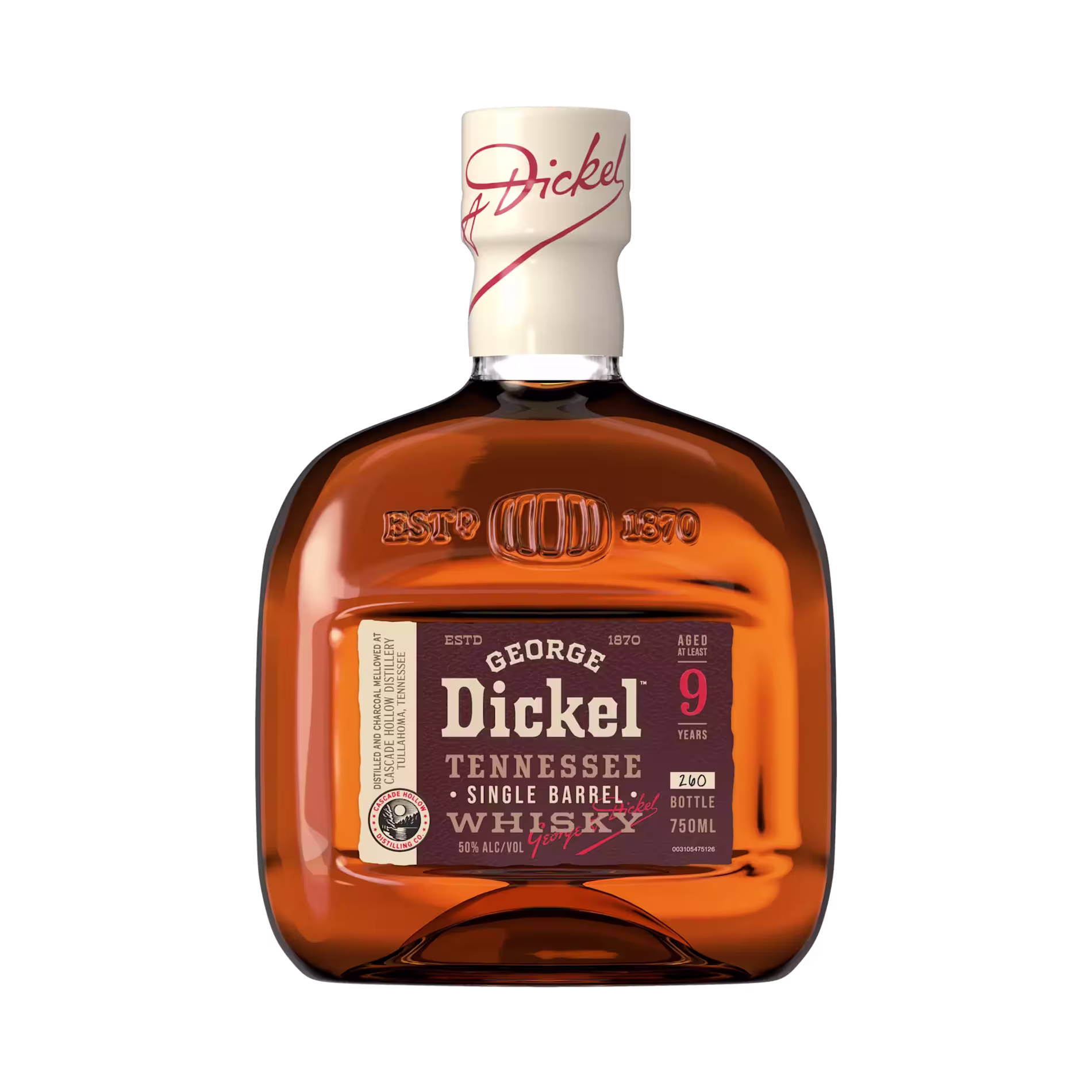 A bottle of George Dickel Tennessee Single Barrel 9 Year Old Whisky, 750ml, with a red and black label and a white cap.