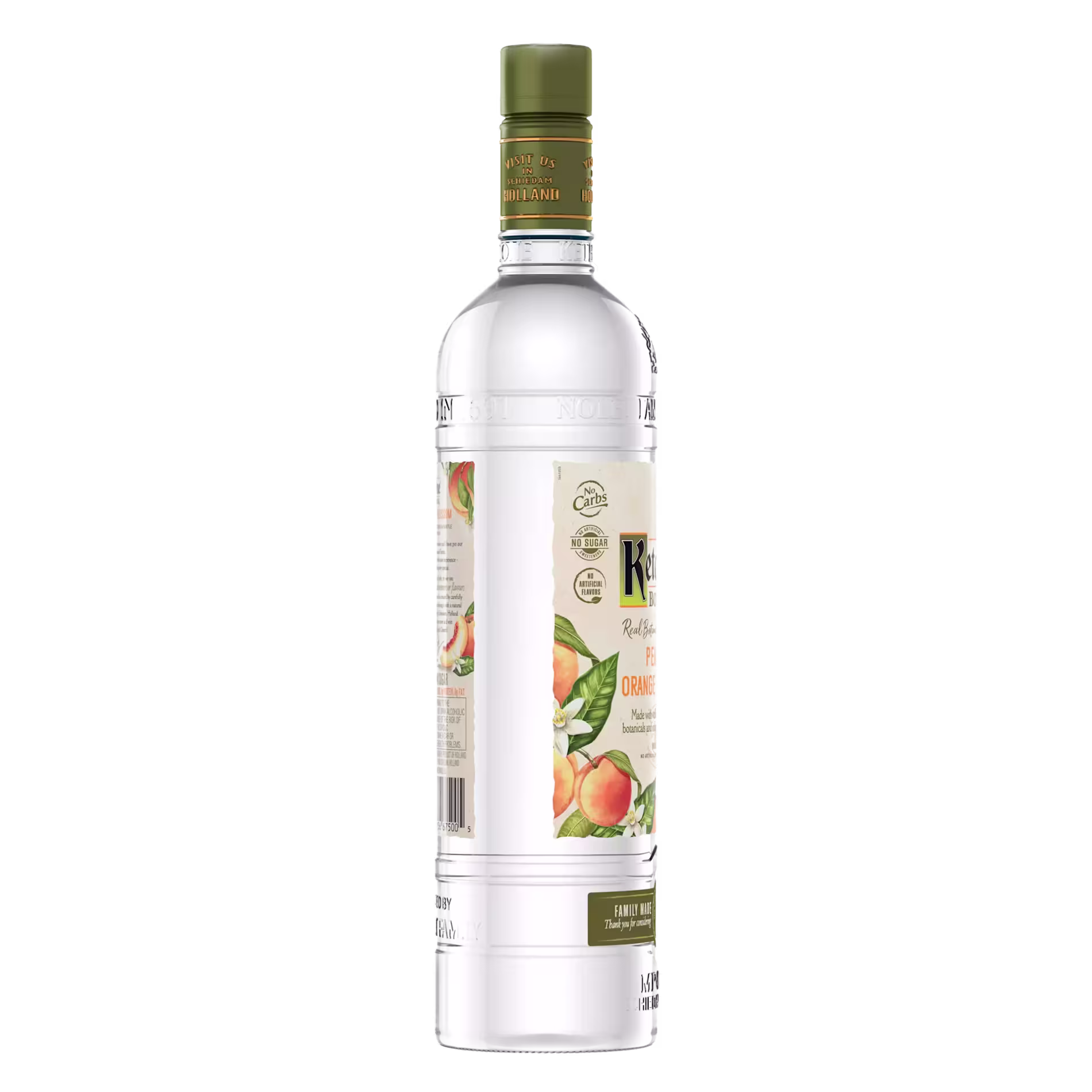 A clear glass bottle of Ketel One Botanical vodka, orange and peach flavor, with a green cap and illustrated fruit on the label.