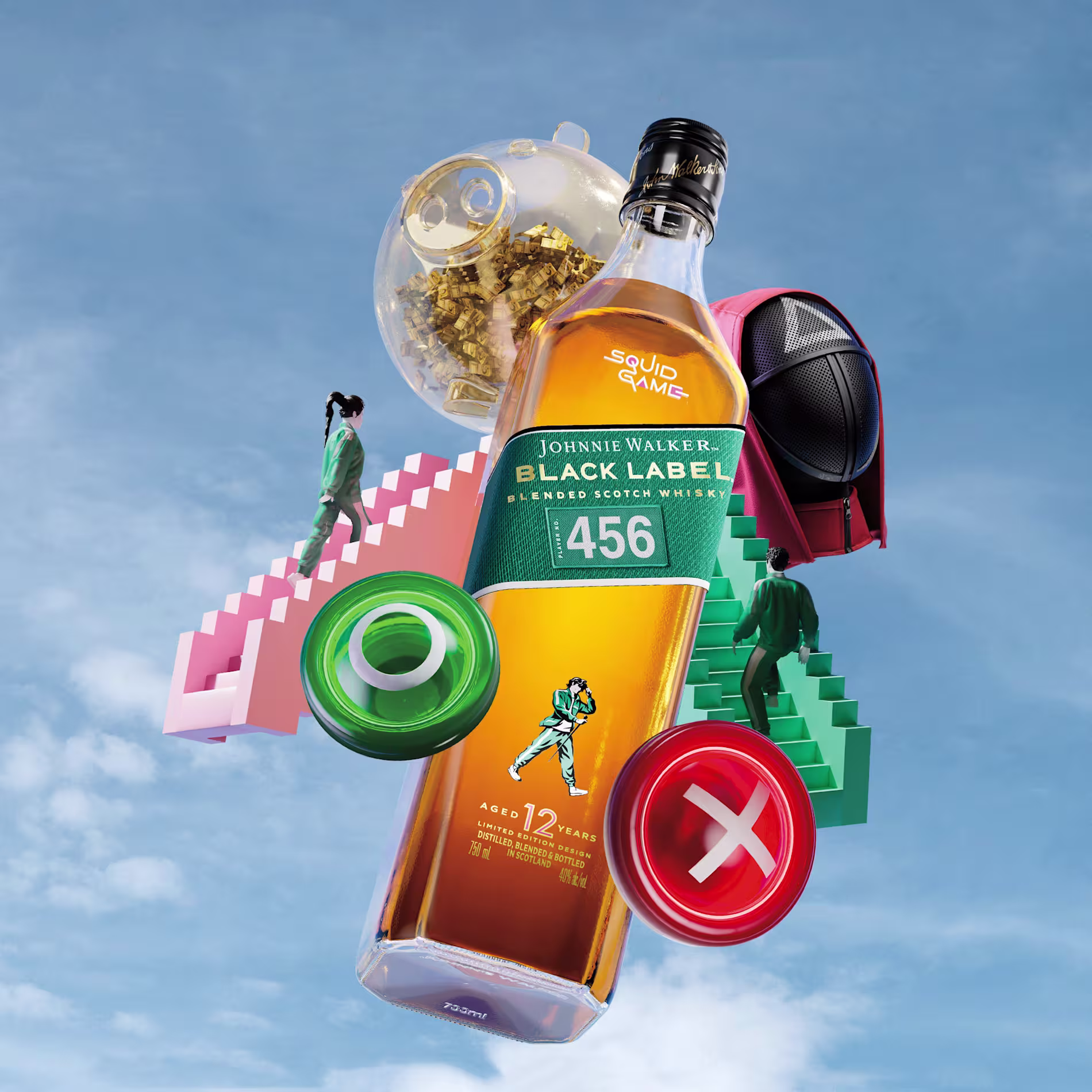 A bottle of Johnnie Walker Black Label with Squid Game branding is centered against a surreal backdrop of stairs, game symbols, and figures in tracksuits.