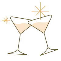 Two champagne glasses clinking together with two star-like sparkles in the background.