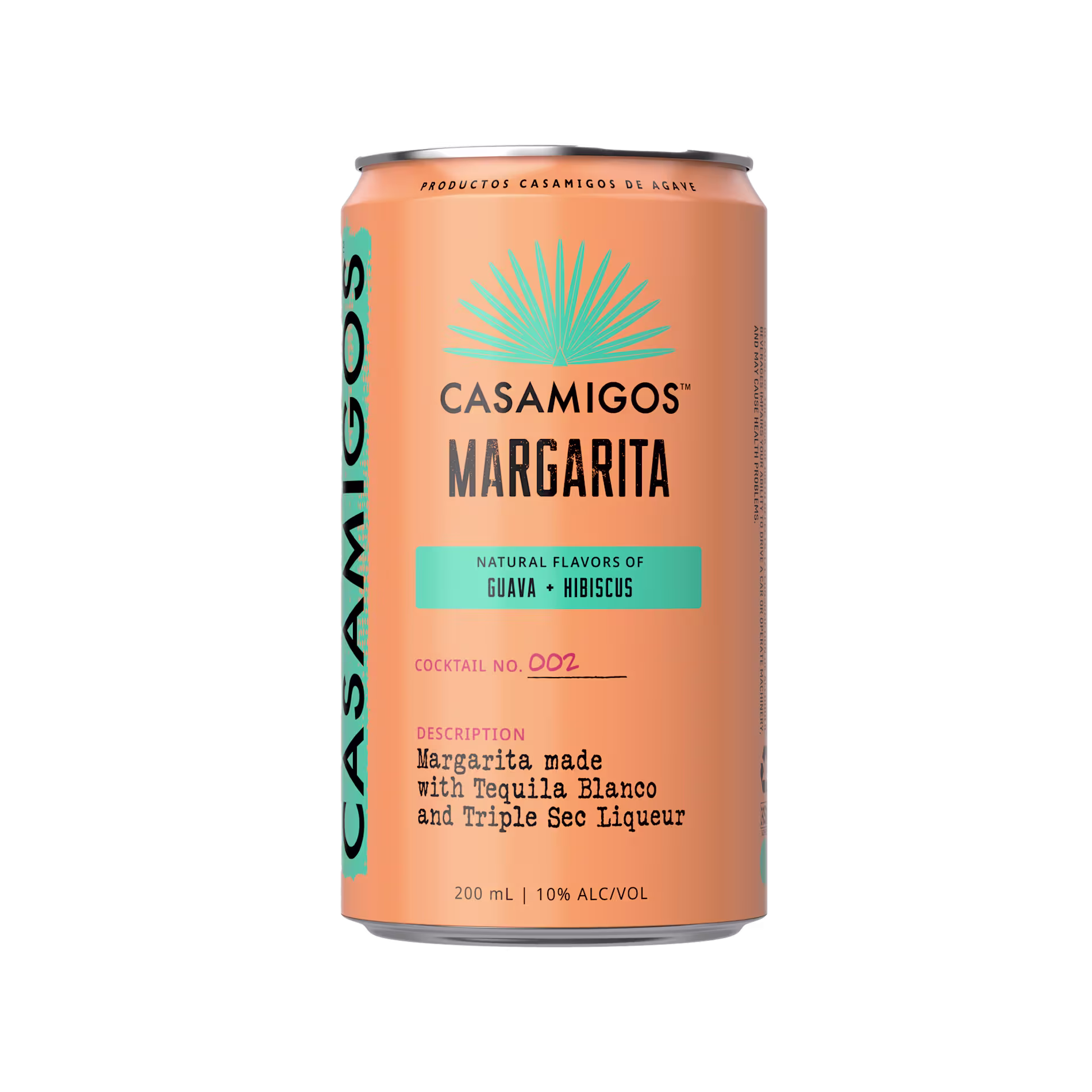 A can of Casamigos Margarita featuring guava and hibiscus flavors, labeled as cocktail No. 002, with 10% alcohol by volume in a 200 ml container.