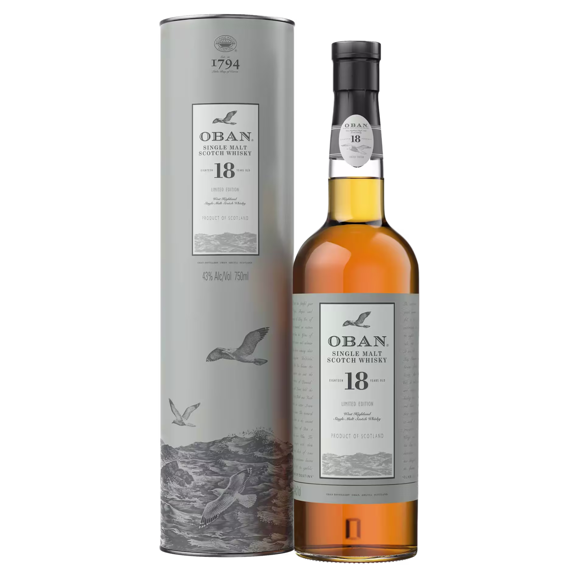 A bottle of Oban 18 Year Old Single Malt Scotch Whisky is shown next to its cylindrical gray packaging with bird and landscape illustrations.