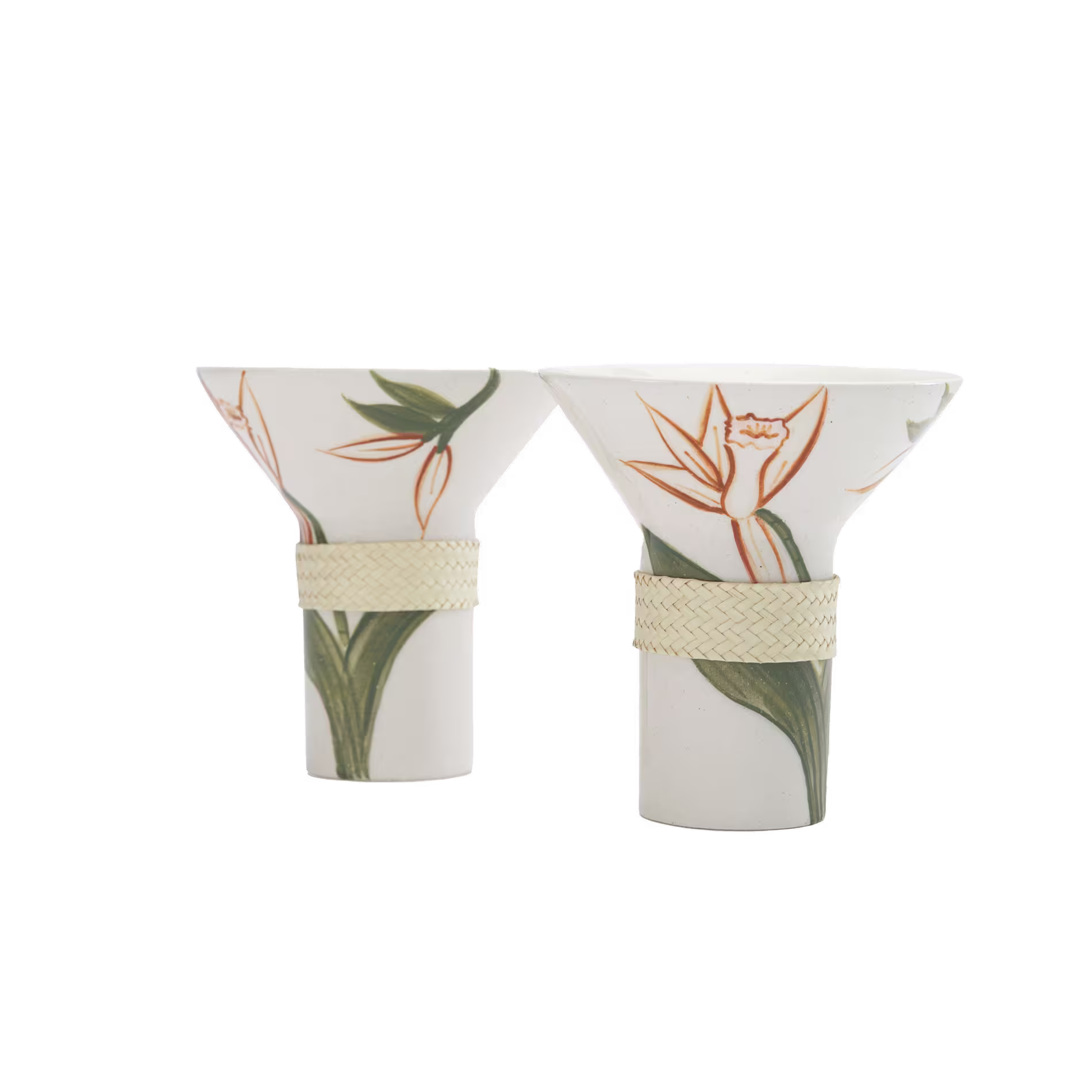 Two ceramic cups with flared rims, decorated with painted orange and green floral designs and a woven band around the middle, placed on a white background.