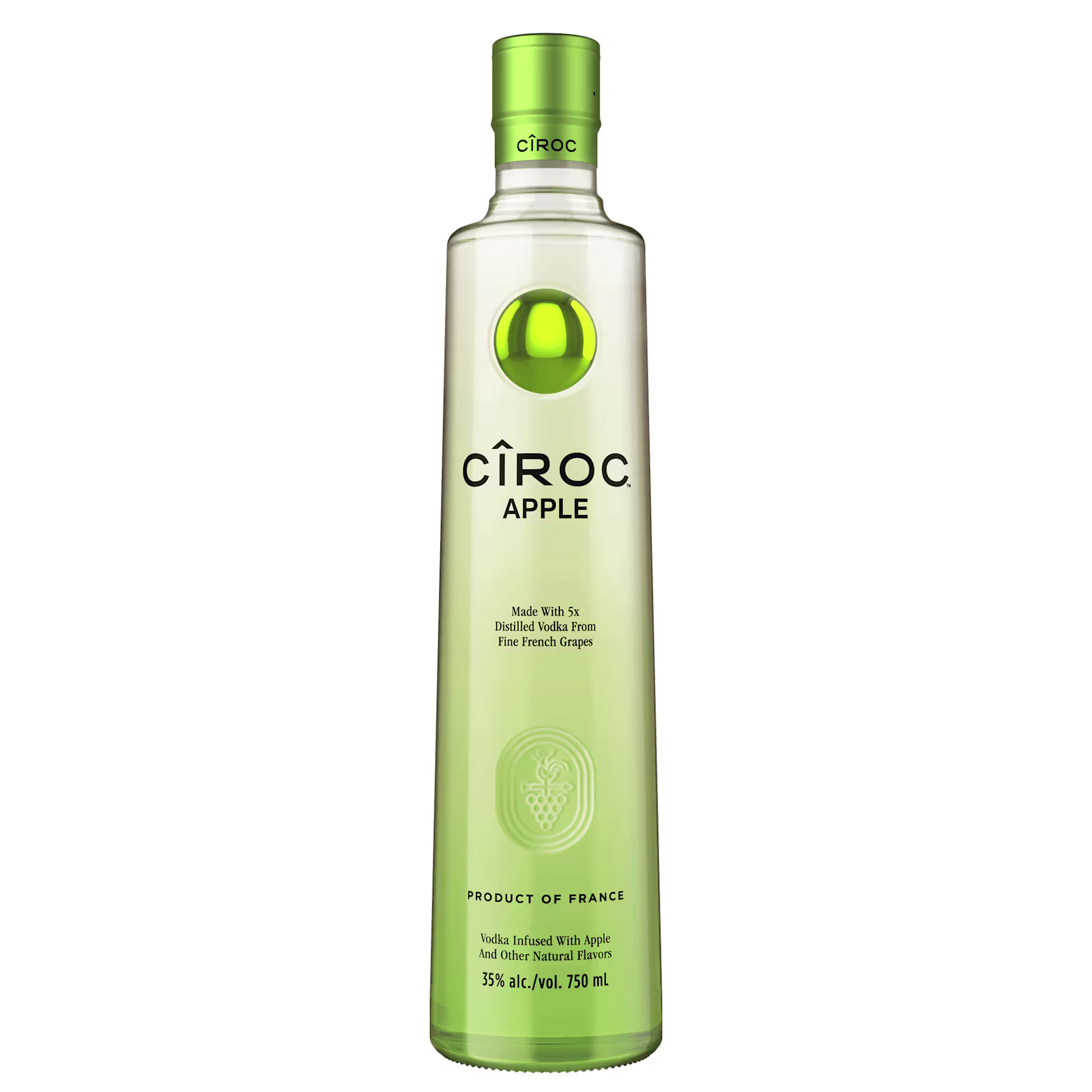 A tall, clear bottle of Cîroc Apple vodka with a green cap and green labeling, displaying the brand and product information.
