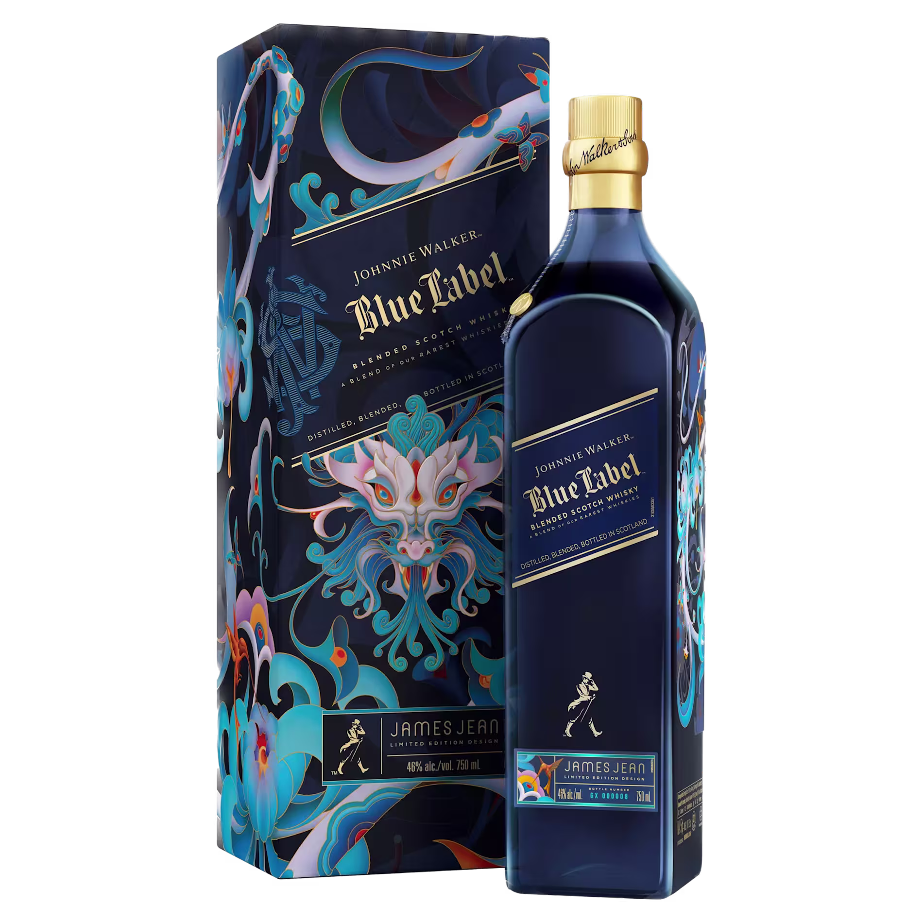 Johnnie Walker Blue Label bottle and box with ornate blue and gold design featuring a stylized dragon artwork by James Jean.