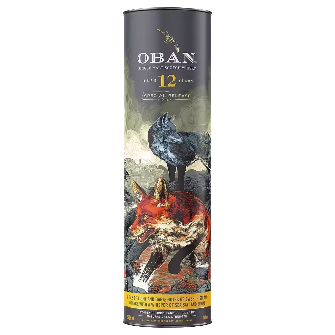 Cylindrical packaging for Oban 12 Year Old Single Malt Scotch Whisky featuring illustrations of a fox and a wolf with text describing the special release.