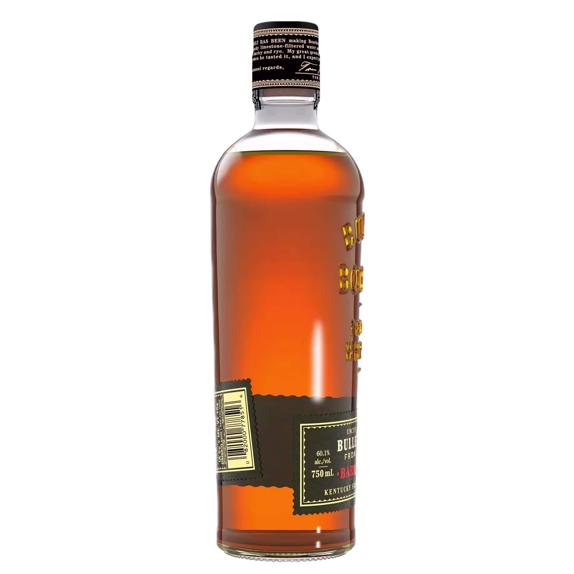 A clear glass bottle filled with amber-colored liquid, featuring a black label and gold cap, shown against a plain black background.