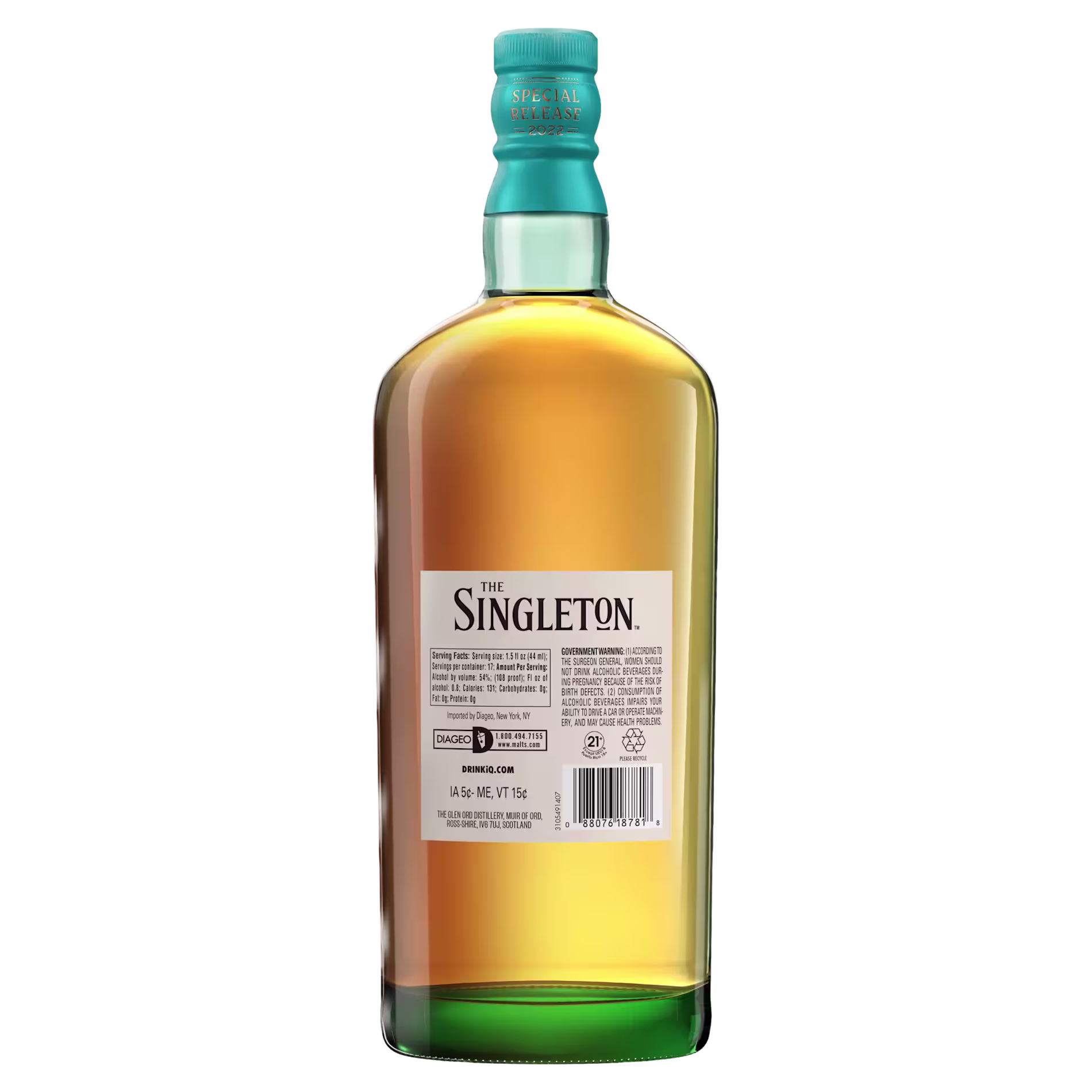 A bottle of The Singleton whisky shown from the back, displaying the label with product information and a turquoise cap.