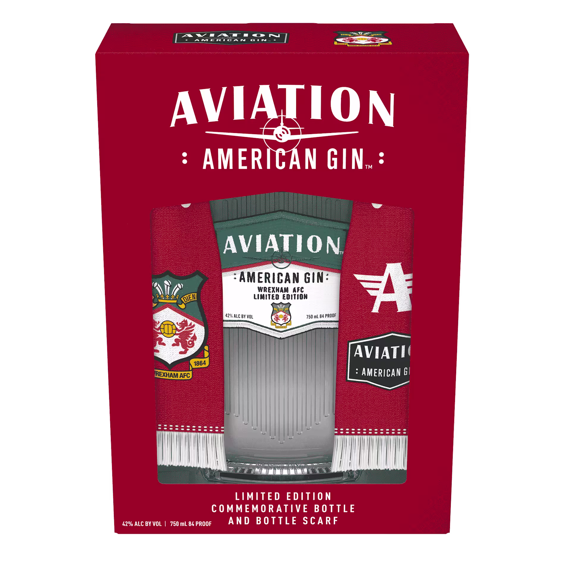 Aviation American Gin limited edition gift set with a commemorative bottle and a red and white bottle scarf, featuring Wrexham AFC branding.