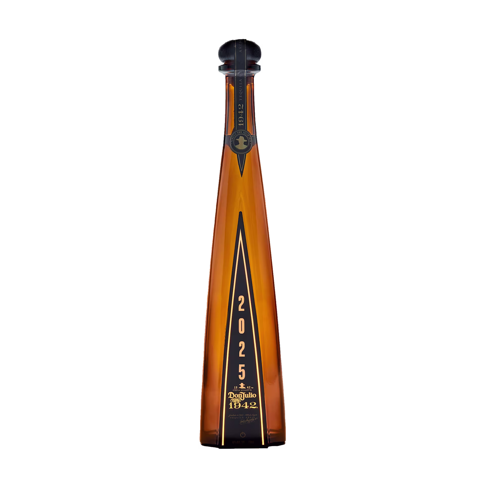 Tall, amber bottle of Don Julio 1942 tequila with “2025” vertically printed on the front, set against a plain white background.