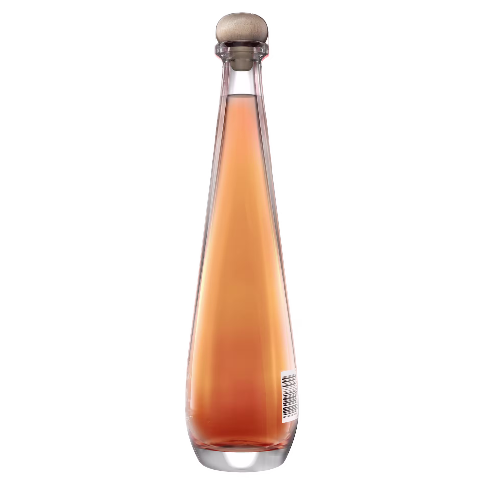 A tall, clear glass bottle with a wooden cork, filled with a light amber liquid and a barcode label near the base.