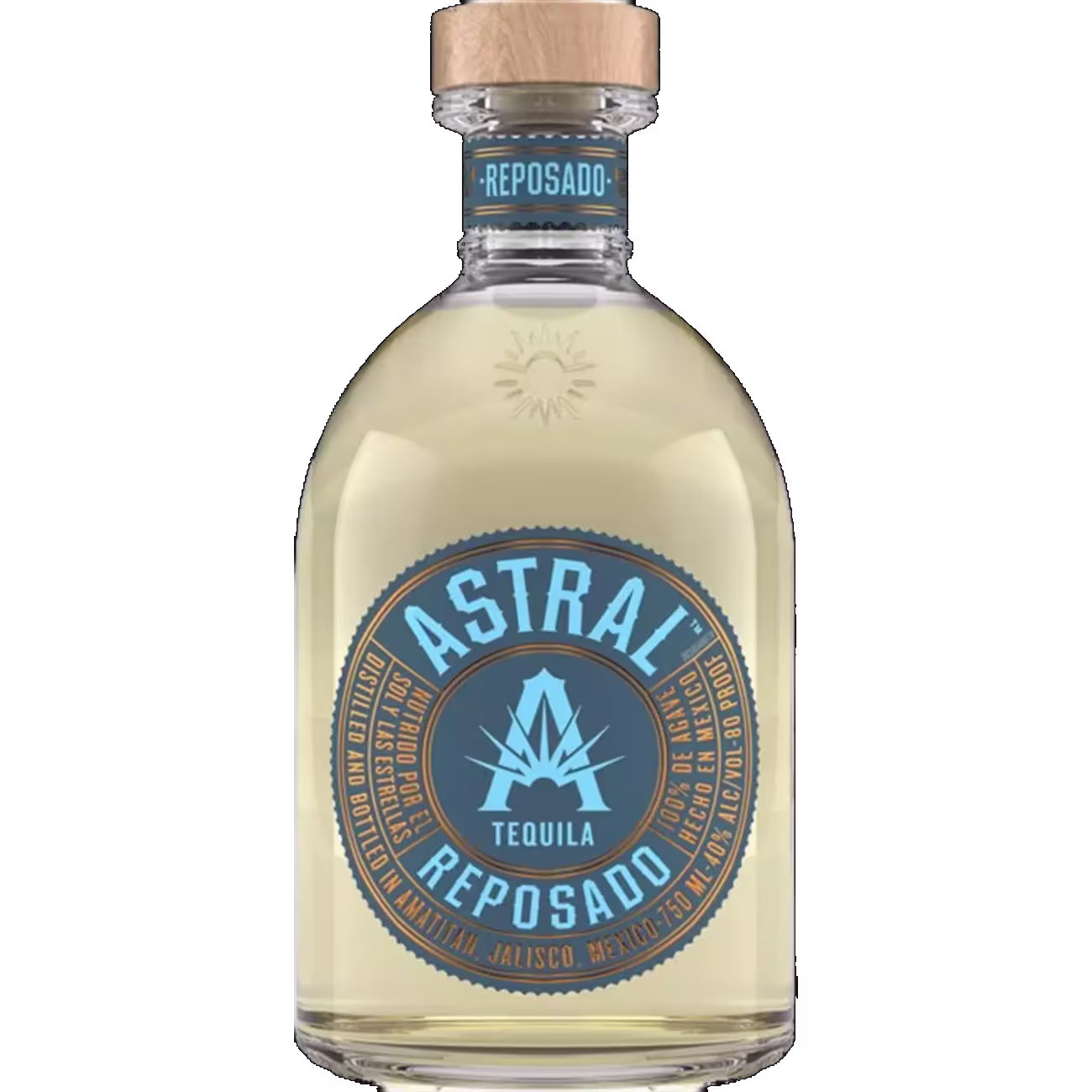 A bottle of Astral Reposado Tequila with a wooden cap and blue label, displaying branding and product information on the front.