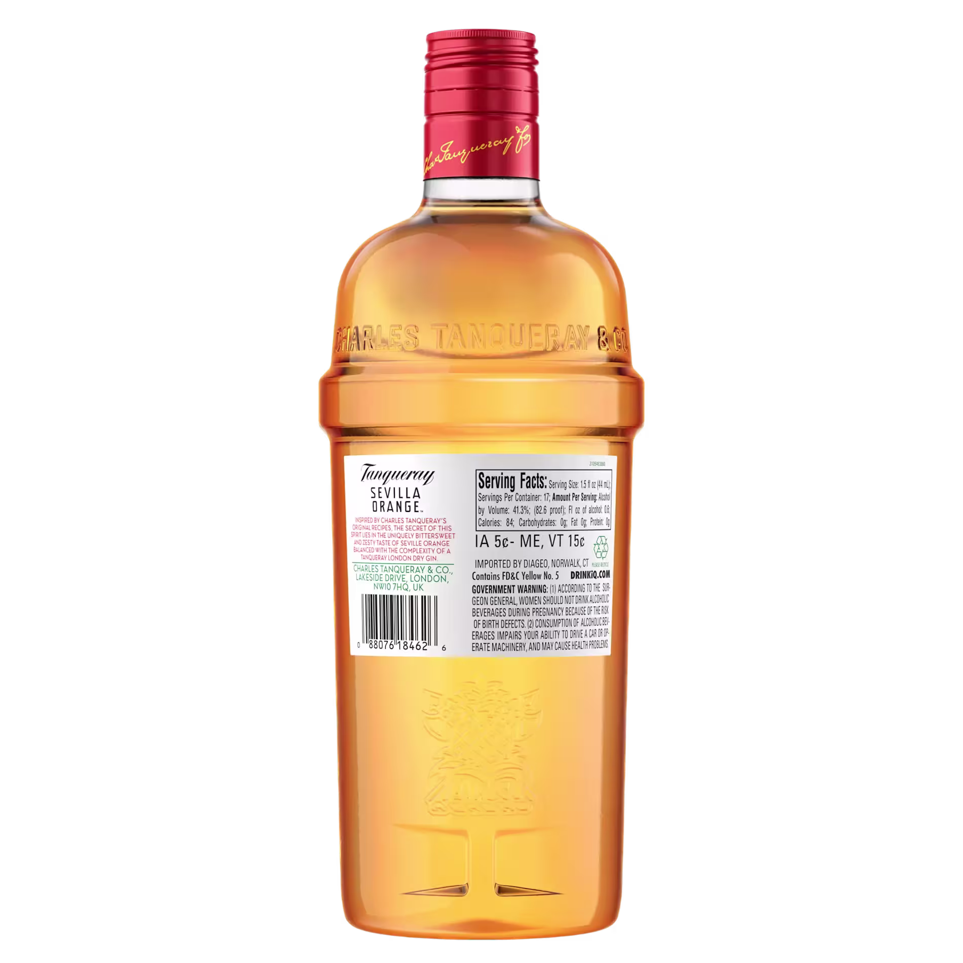 A back view of a Tanqueray Sevilla Orange gin bottle with a red cap, amber liquid, embossed logo, and a label showing serving facts and barcode.