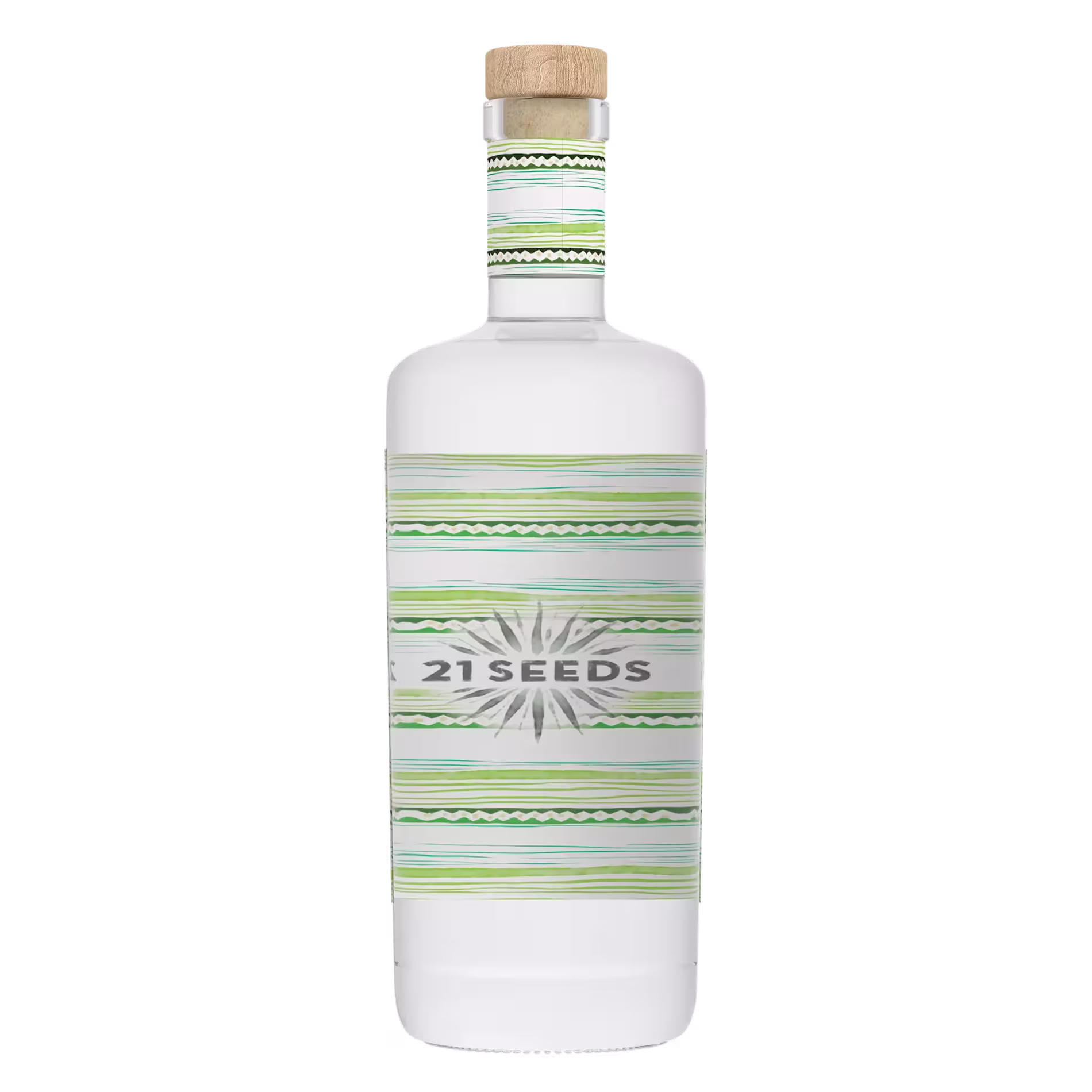 A clear glass bottle of 21 Seeds tequila with a wooden cap and a green, white, and gray striped label.