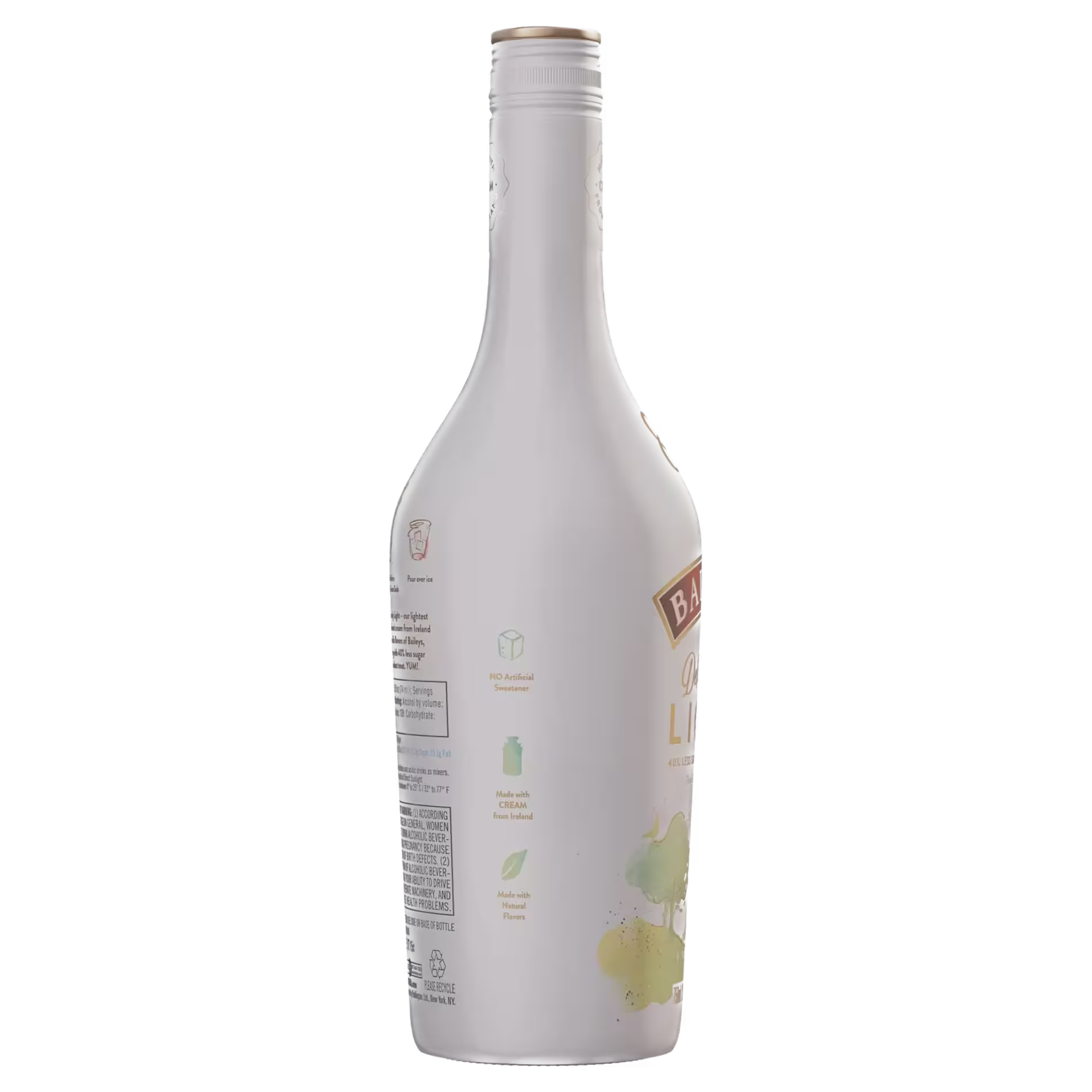 A partially turned white Baileys bottle with visible product information, recycling symbols, and minimal text on the label.