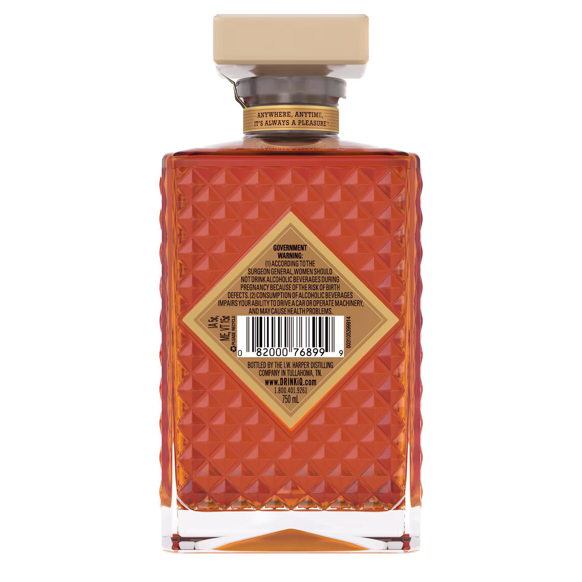 A bottle of Crown Royal whisky shown from the back, featuring a patterned glass design and a centered label with barcode and government warning information.