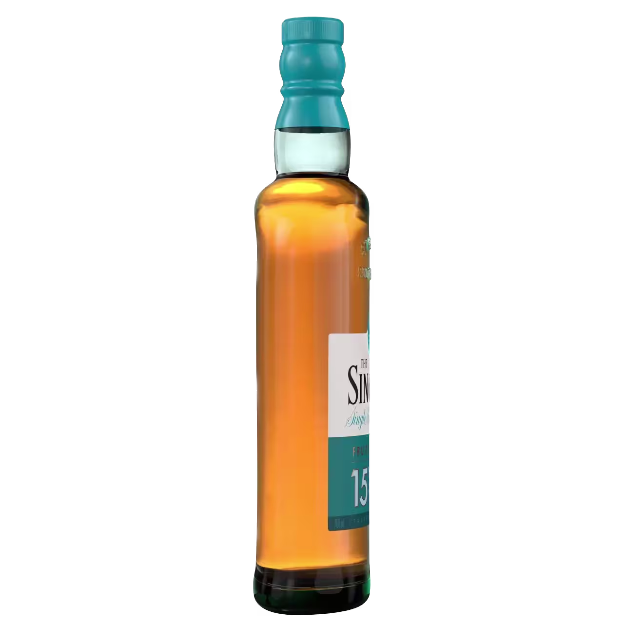 A bottle of amber-colored whisky with a blue cap and a partially visible label showing the number 15.