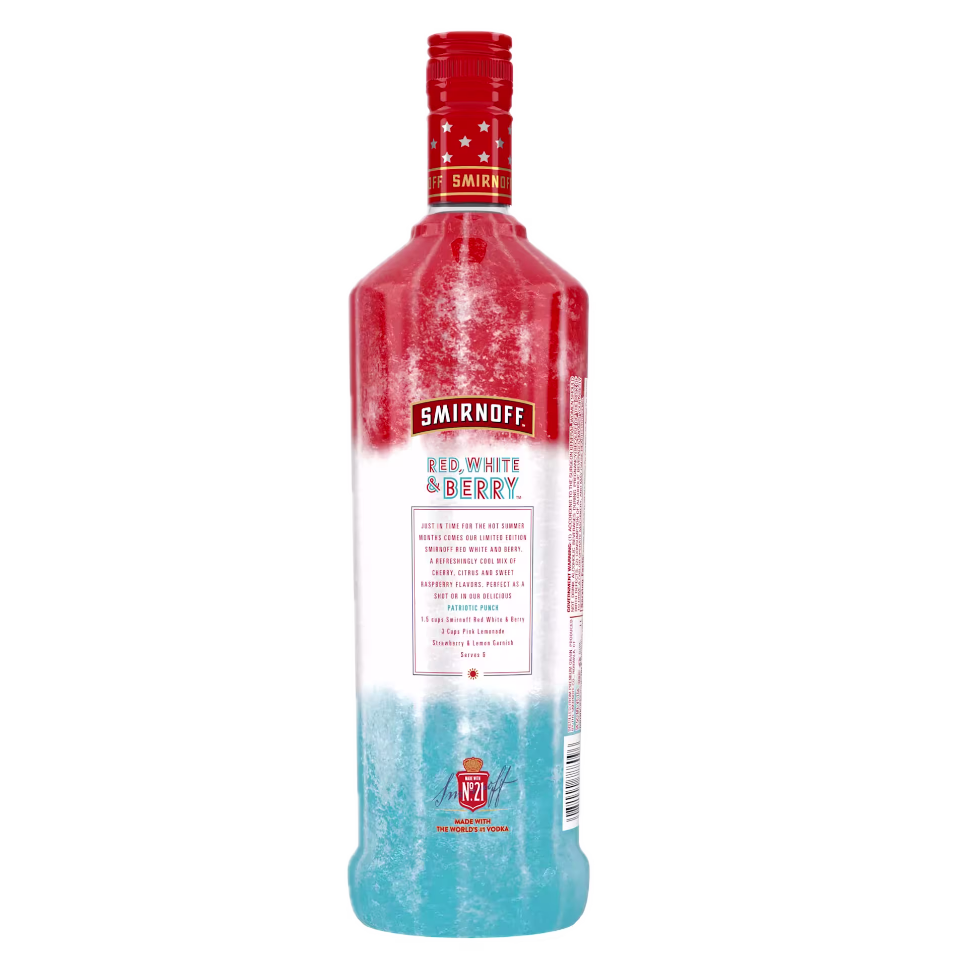 A bottle of Smirnoff Red, White & Berry vodka with a red, white, and blue design and text on the label.