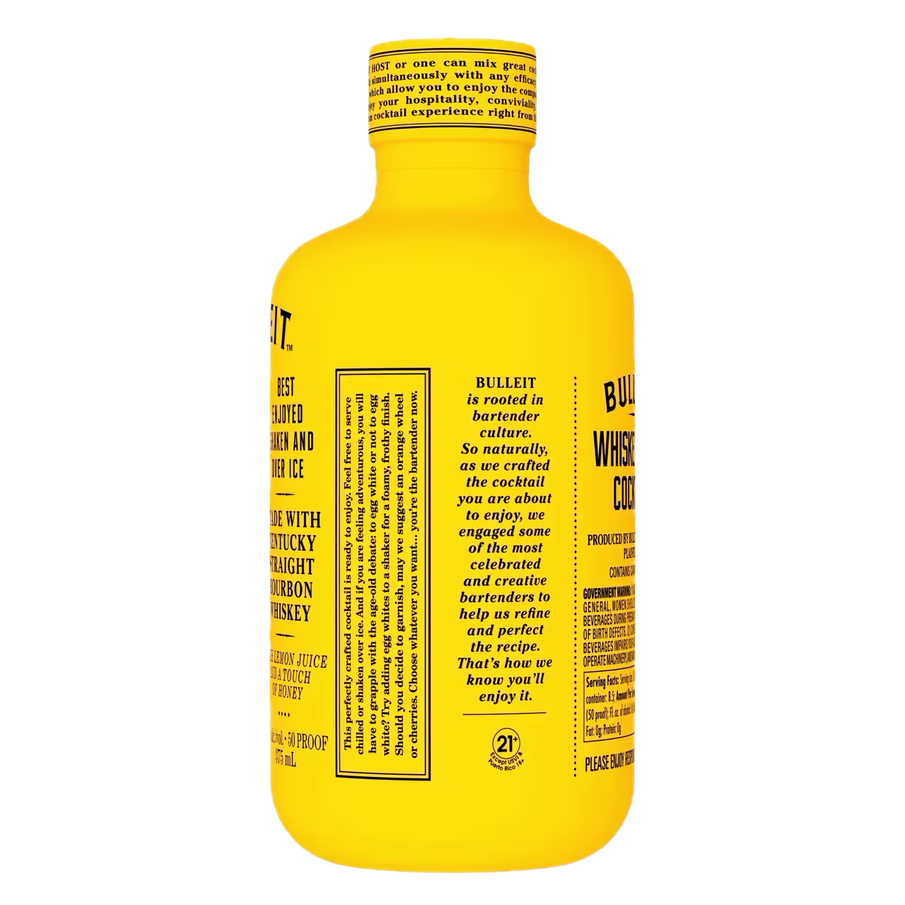 A yellow bottle of Bulleit Whiskey Cocktail with black text, featuring product information and branding on the label.