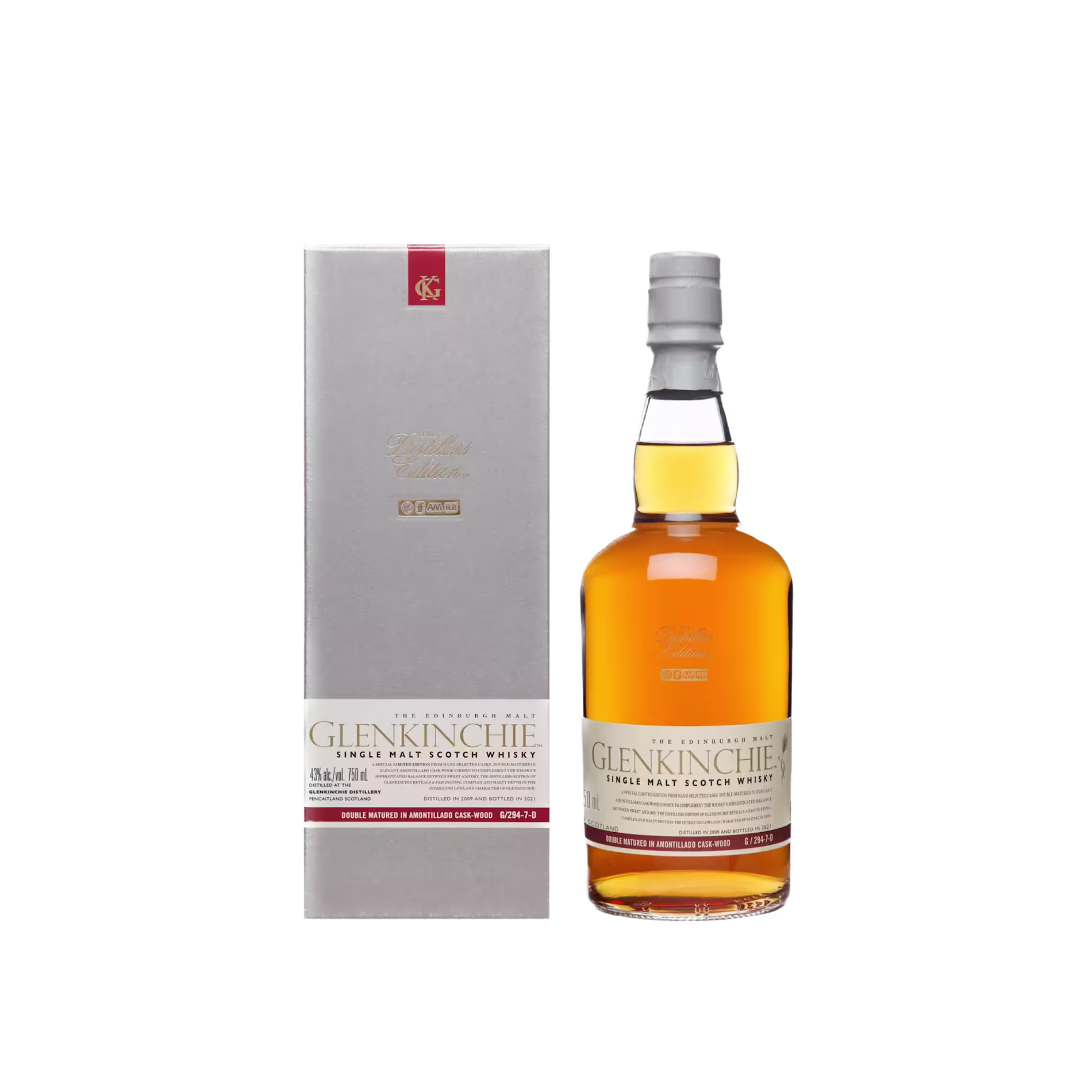 A bottle of Glenkinchie single malt scotch whisky is displayed next to its gray and red box packaging against a black background.