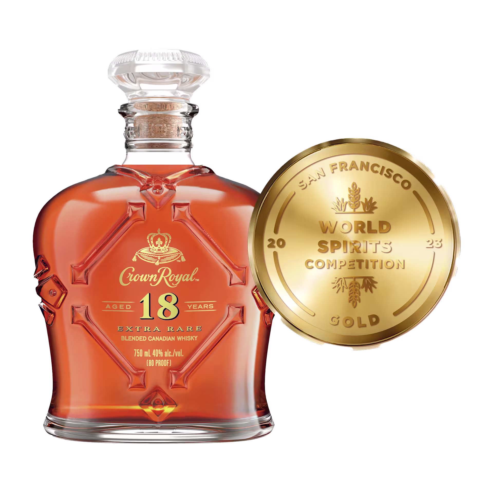 A bottle of Crown Royal 18 Year Old Canadian whisky next to a gold medal labeled “San Francisco World Spirits Competition 2023 Gold.”.