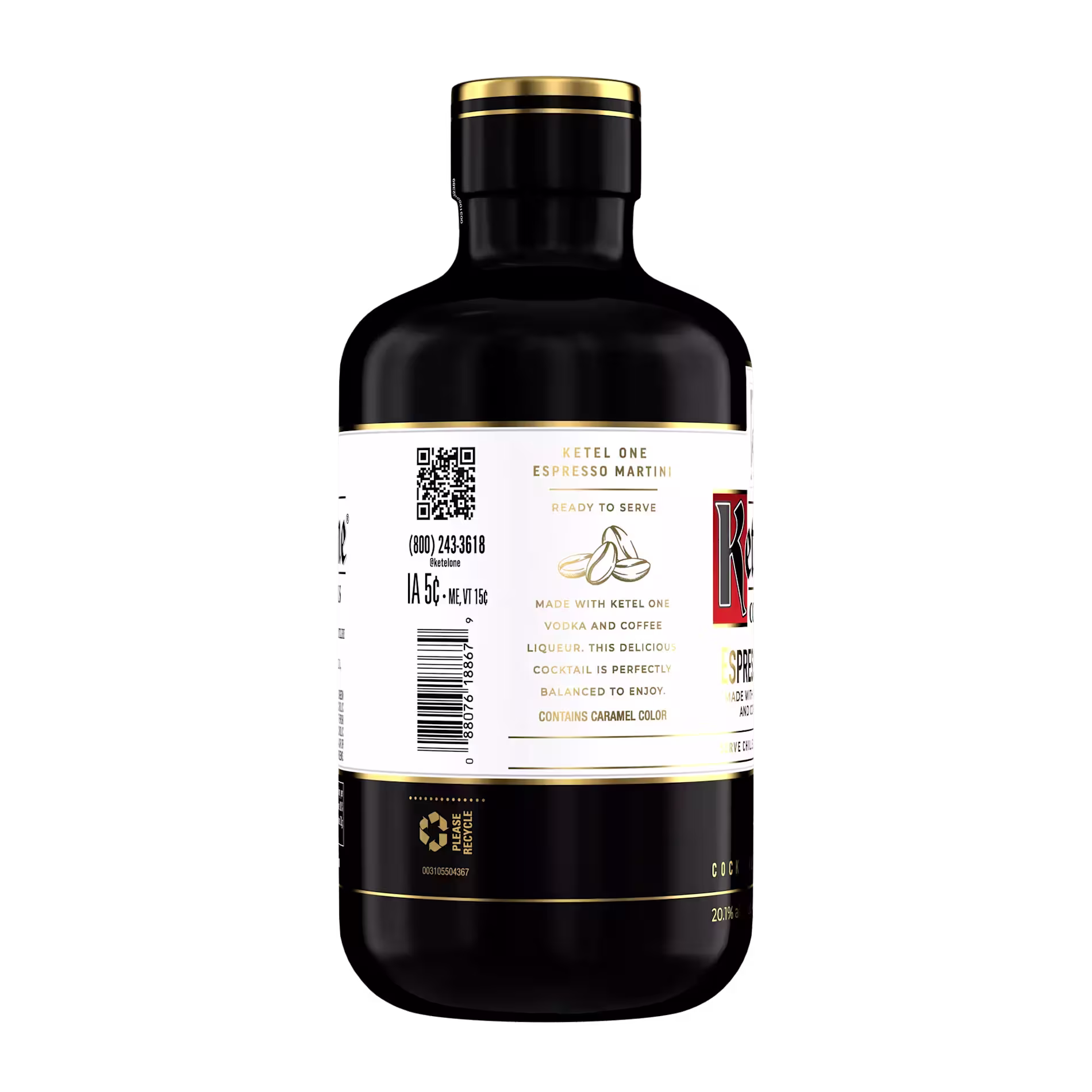 A black bottle of Ketel One Espresso Martini with a white and gold label, showing product details and barcode, standing upright against a plain background.