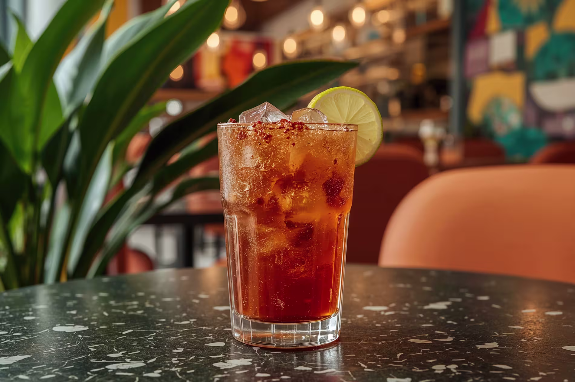 A glass of iced, reddish-orange drink garnished with a lime slice sits on a speckled table in a brightly lit cafe.