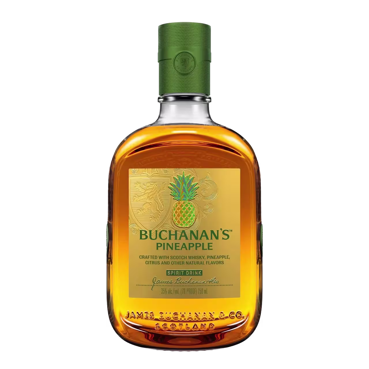 A bottle of Buchanan’s Pineapple spirit drink with a green cap and a gold label featuring a pineapple illustration.