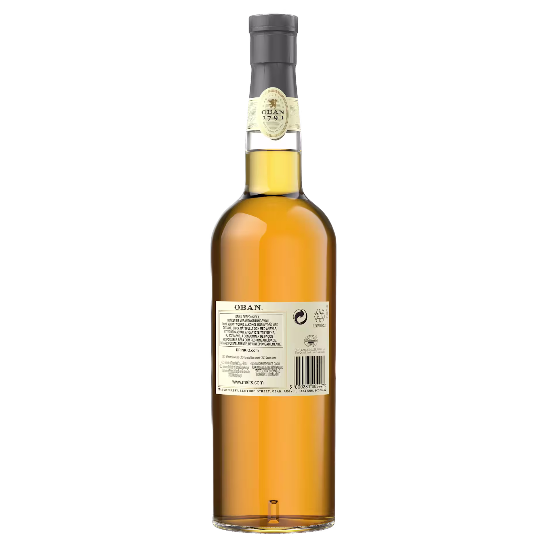 A clear glass bottle of Oban whisky shown from the back, displaying the label with product information and a gold seal near the neck.