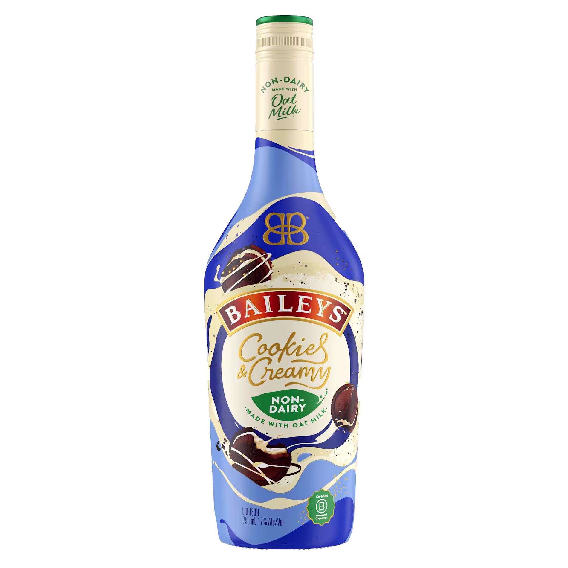 A bottle of Baileys Cookies & Creamy Non-Dairy made with oat milk, featuring a blue and cream label with cookie illustrations.