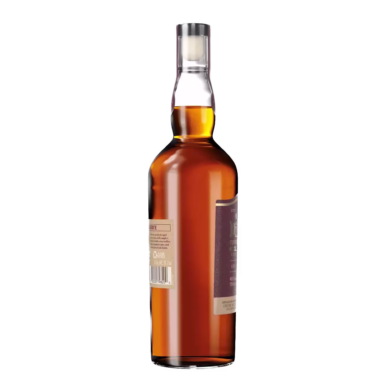 A brown glass bottle of liquor with a sealed cap, viewed from the back, showing the label and barcode.