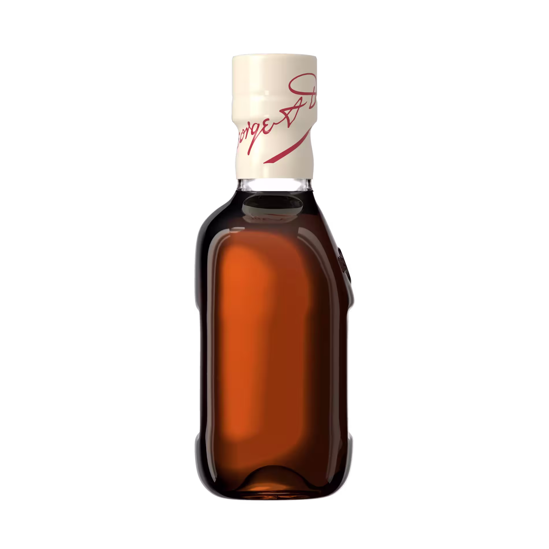 A clear glass bottle filled with brown liquid, sealed with a cream-colored cap featuring red cursive writing, set against a plain black background.