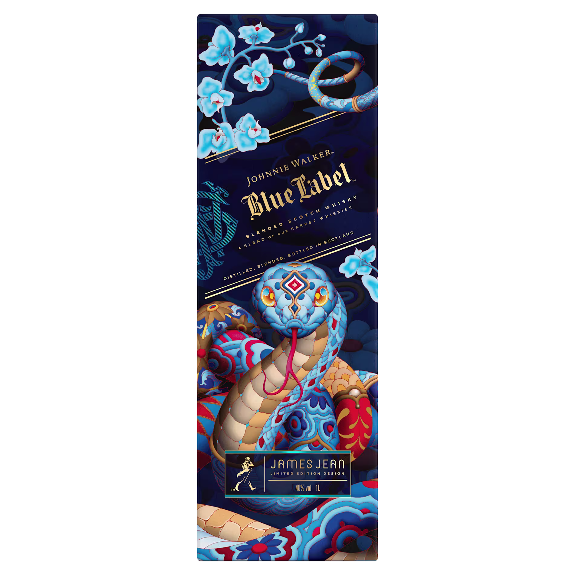 Johnnie Walker Blue Label whisky box featuring colorful, intricate artwork of a snake and blue flowers, designed by James Jean.