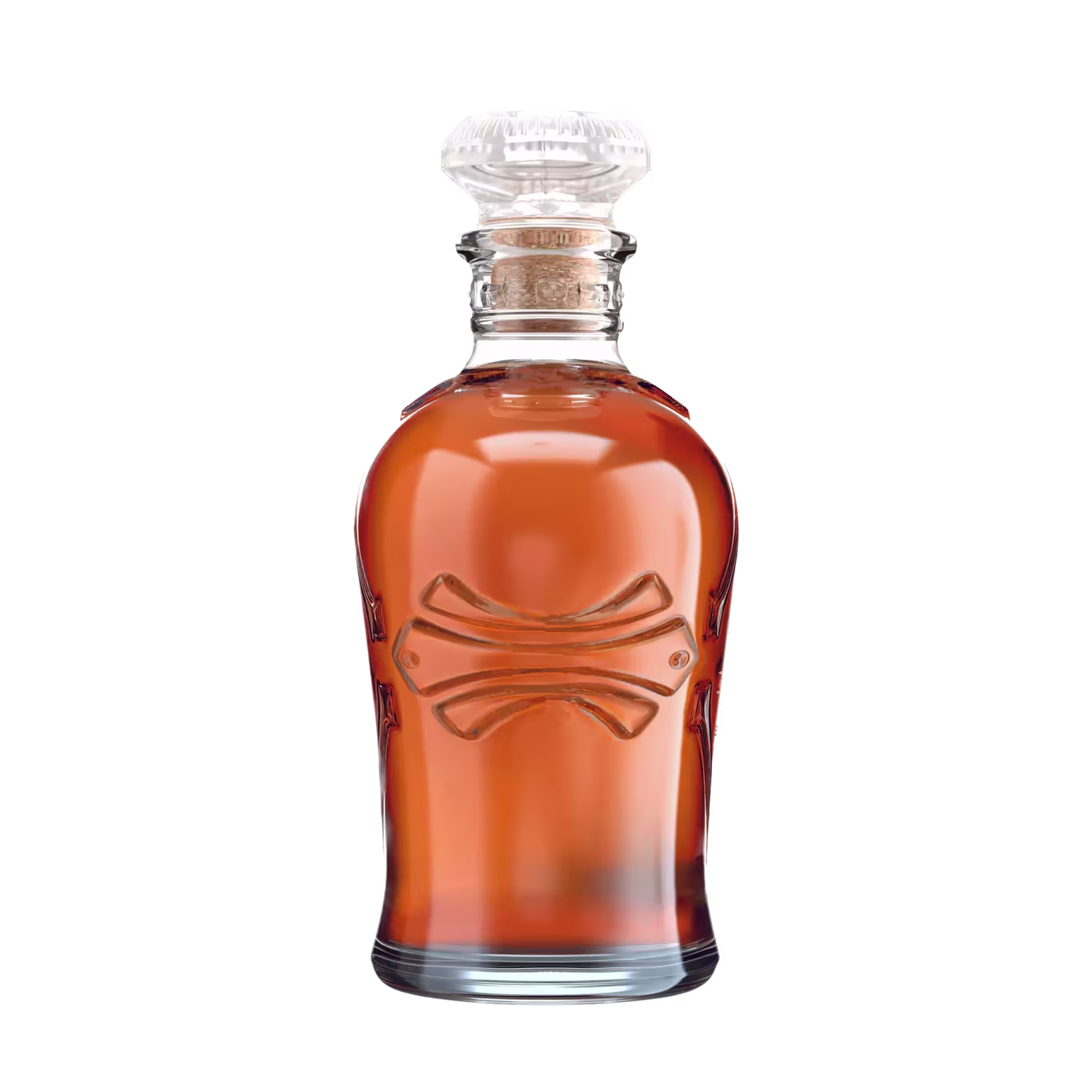 A clear glass decanter filled with amber liquid, featuring an embossed bow-shaped design on the front and sealed with a faceted glass stopper.