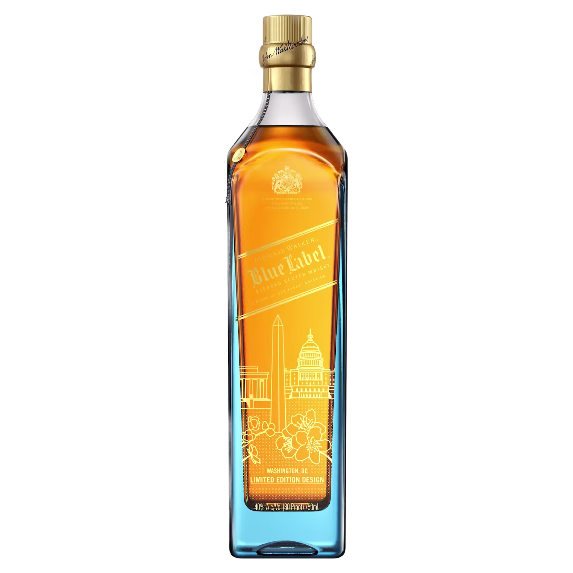 A bottle of Johnnie Walker Blue Label with a limited edition Washington, DC design, featuring gold illustrations of DC landmarks on the front.