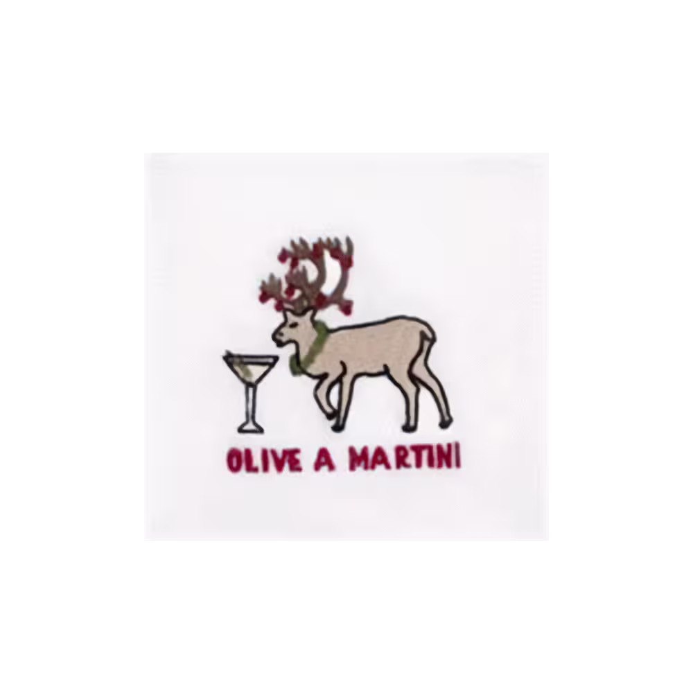 A cartoon reindeer with an olive in its antlers stands beside a martini glass; text below reads OLIVE A MARTINI.
