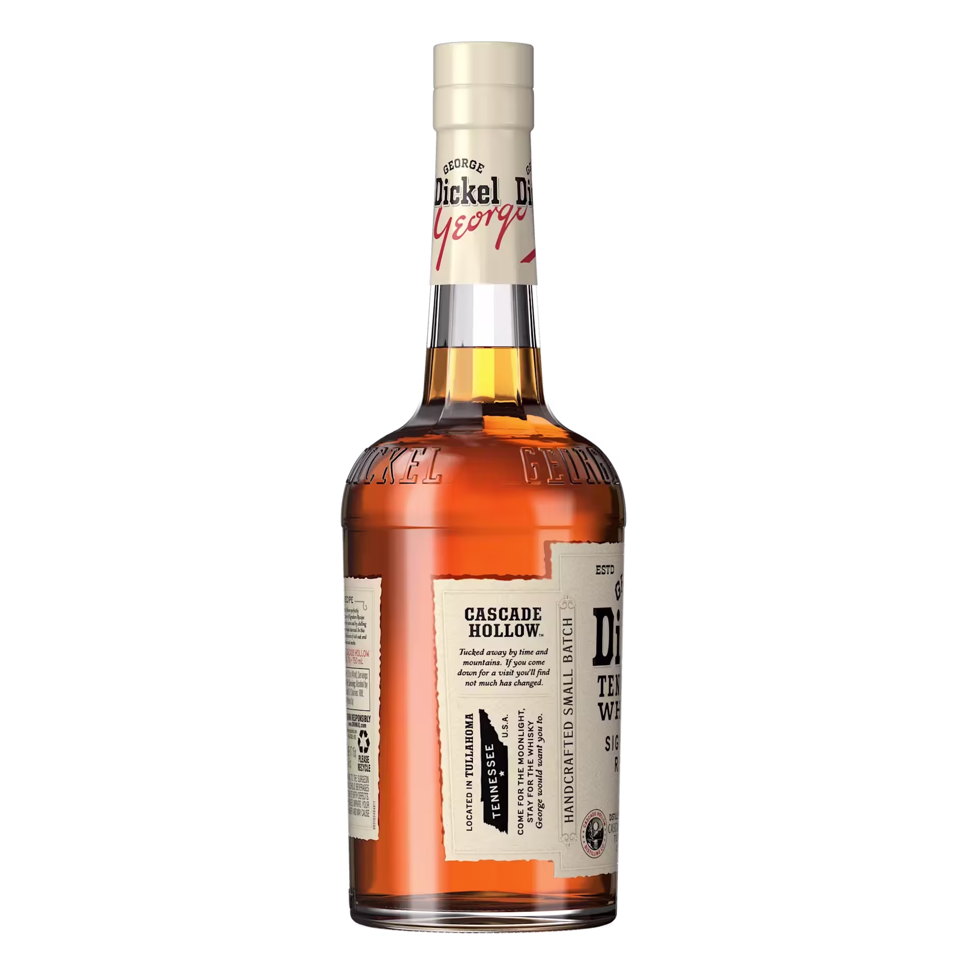 A bottle of George Dickel Tennessee Whisky with a cream label and cap, partially turned to display text about Cascade Hollow Distillery.
