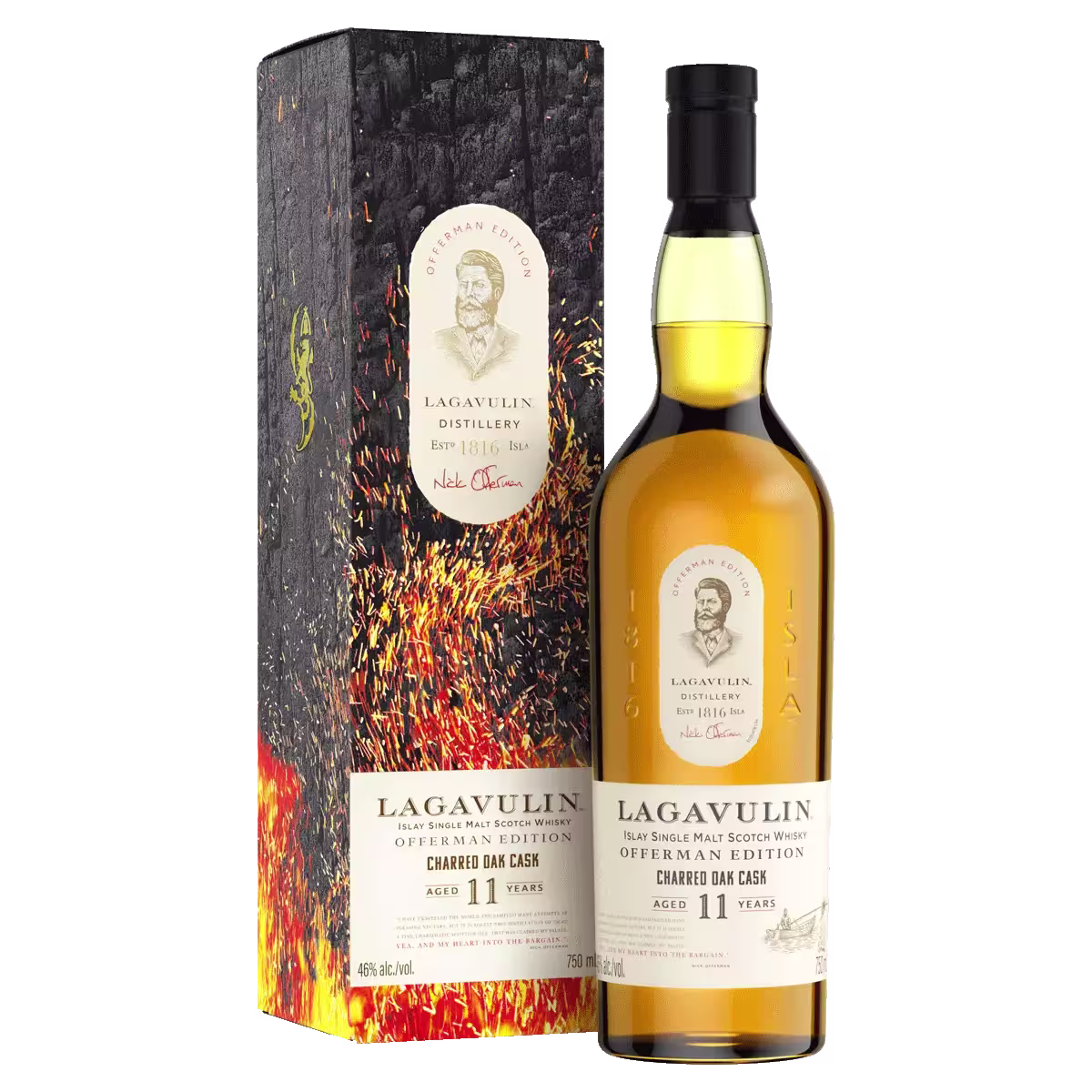 A bottle of Lagavulin Offerman Edition 11 Year Old Single Malt Scotch Whisky is shown next to its decorative box featuring fire and dark textures.