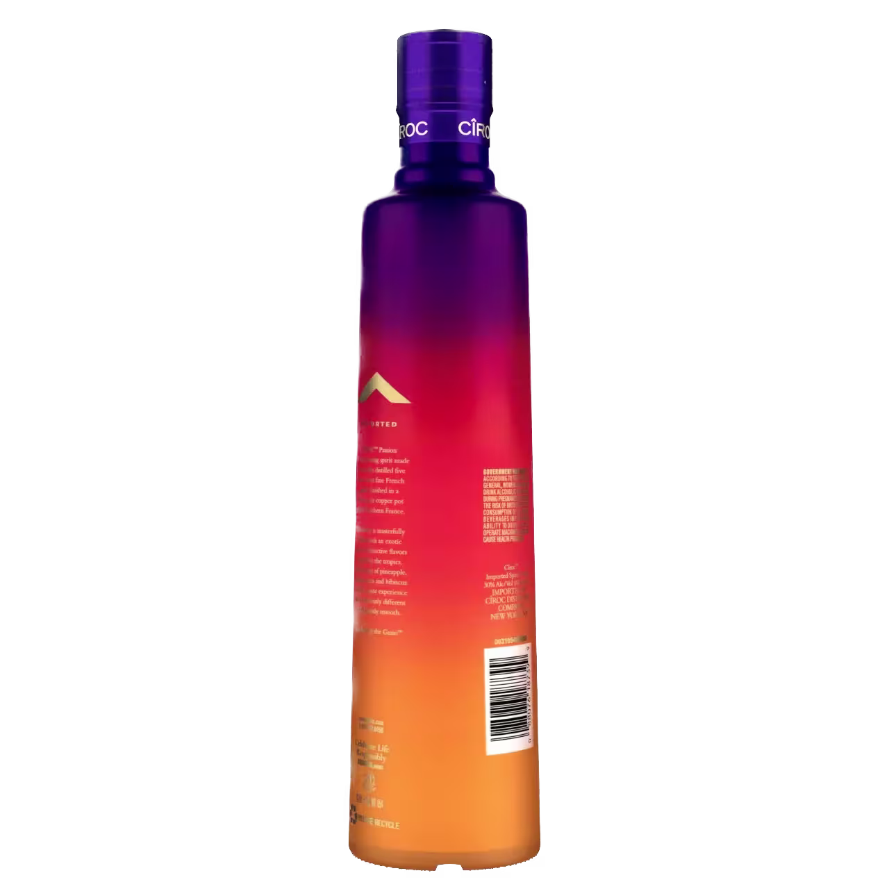 A tall bottle with a gradient design from purple at the top to orange at the bottom, featuring a barcode and several lines of small text on the back.