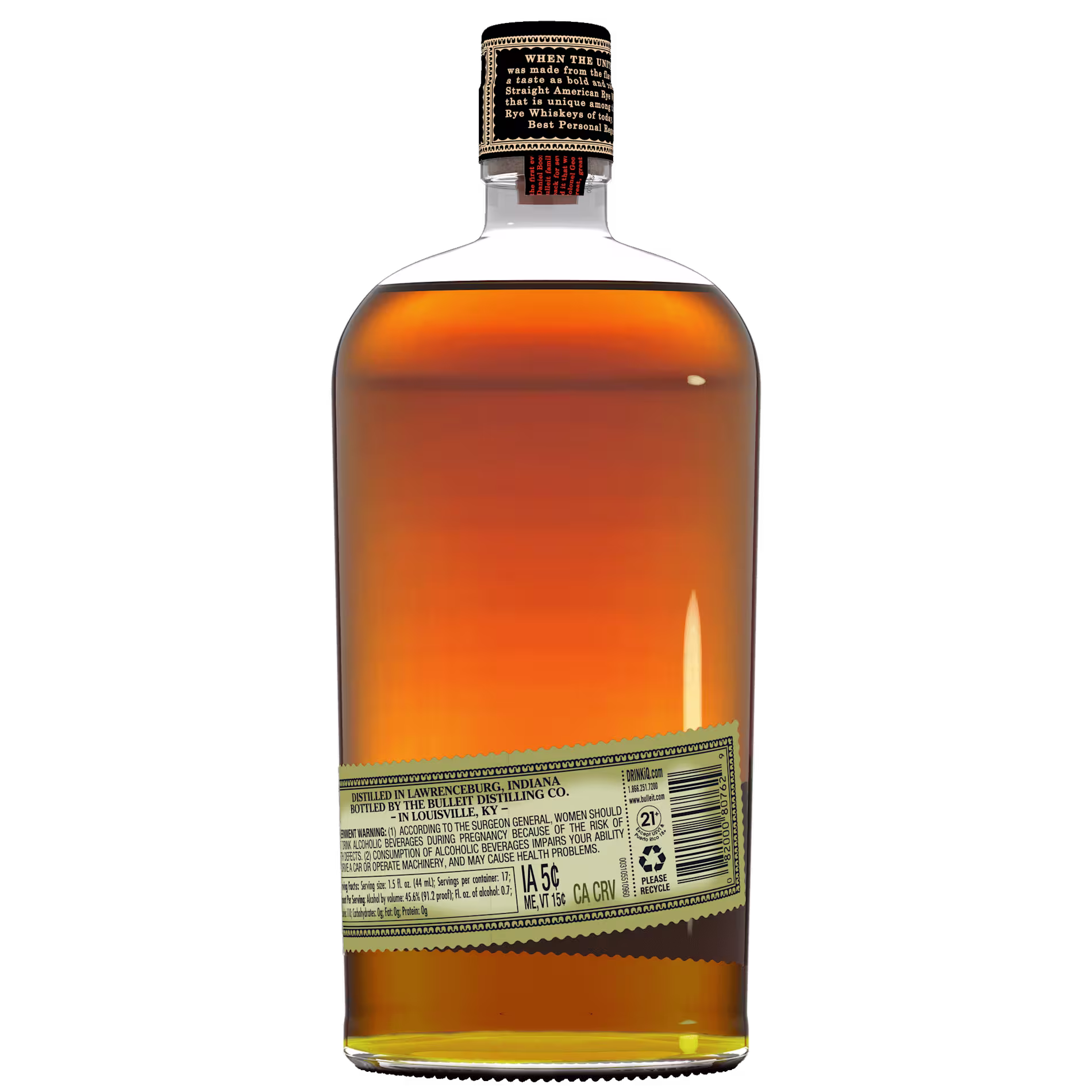 A glass bottle of whiskey shown from the back, displaying the amber liquid and a label with product information and barcode.
