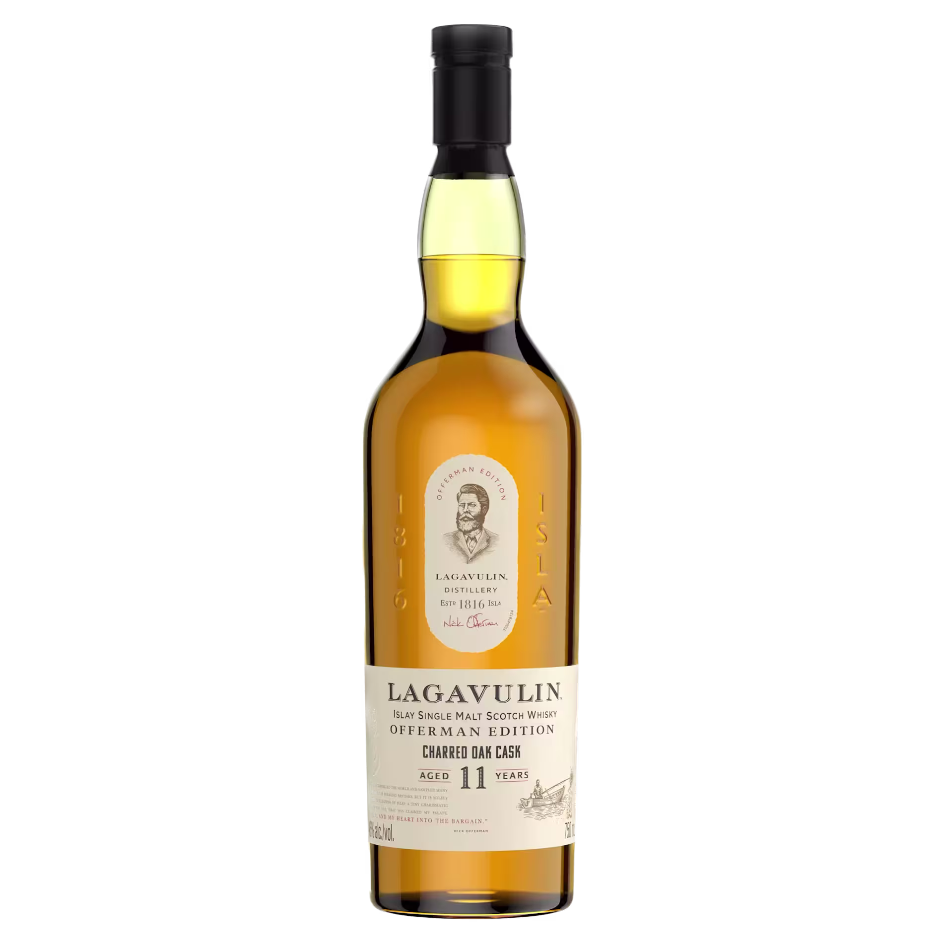 A bottle of Lagavulin Offerman Edition 11 Year Old single malt Scotch whisky with a white label and black cap.