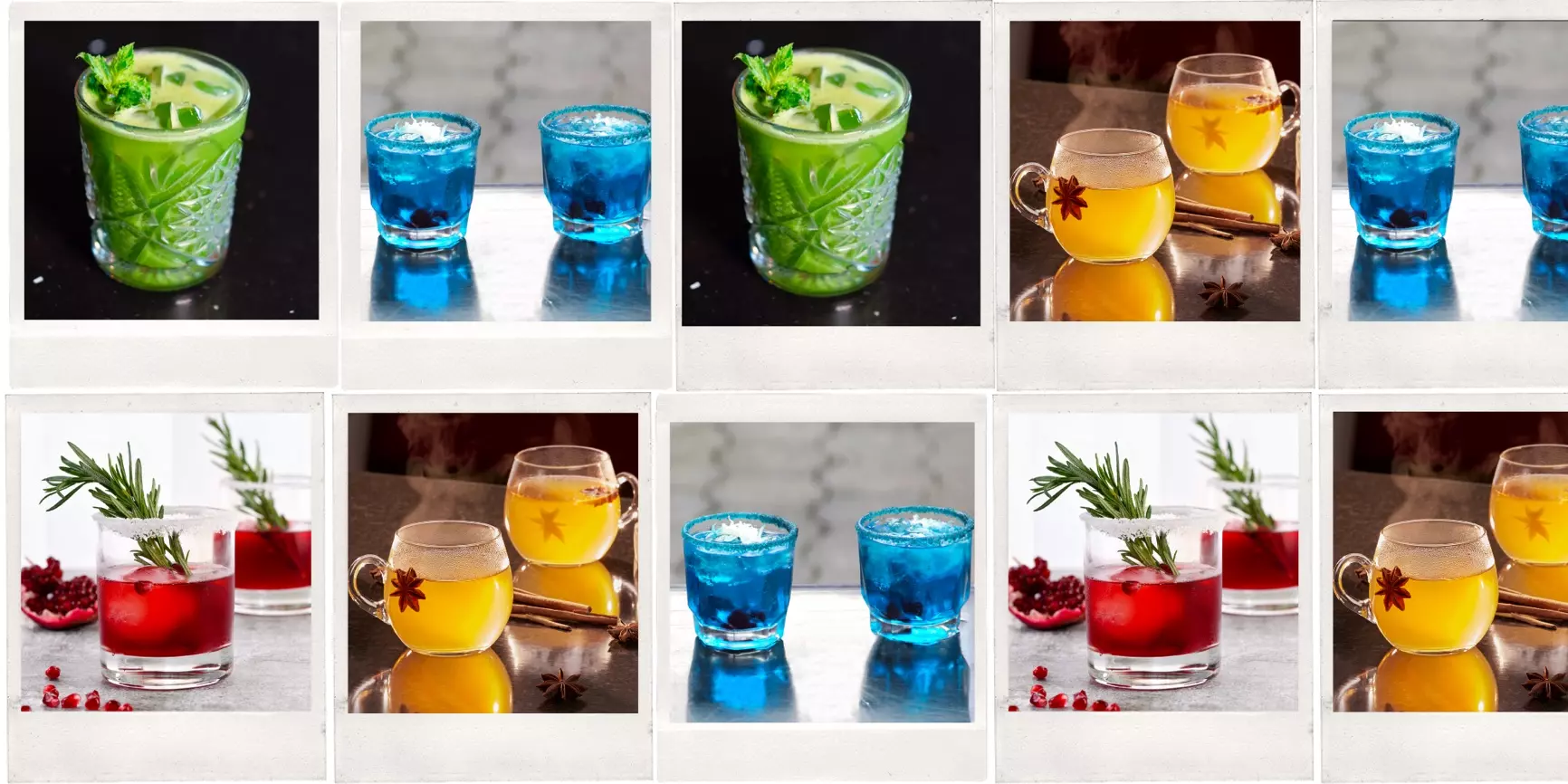 A grid of colorful drinks in glasses, including blue, green, yellow, and red beverages, some garnished with herbs or spices on a light background.