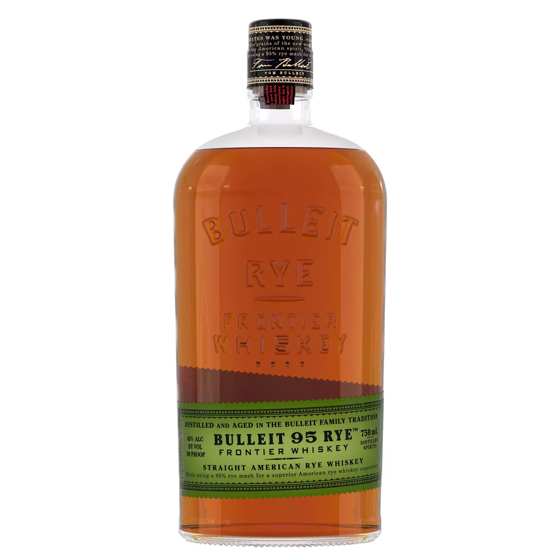 A bottle of Bulleit 95 Rye Frontier Whiskey with a green label, containing straight American rye whiskey.