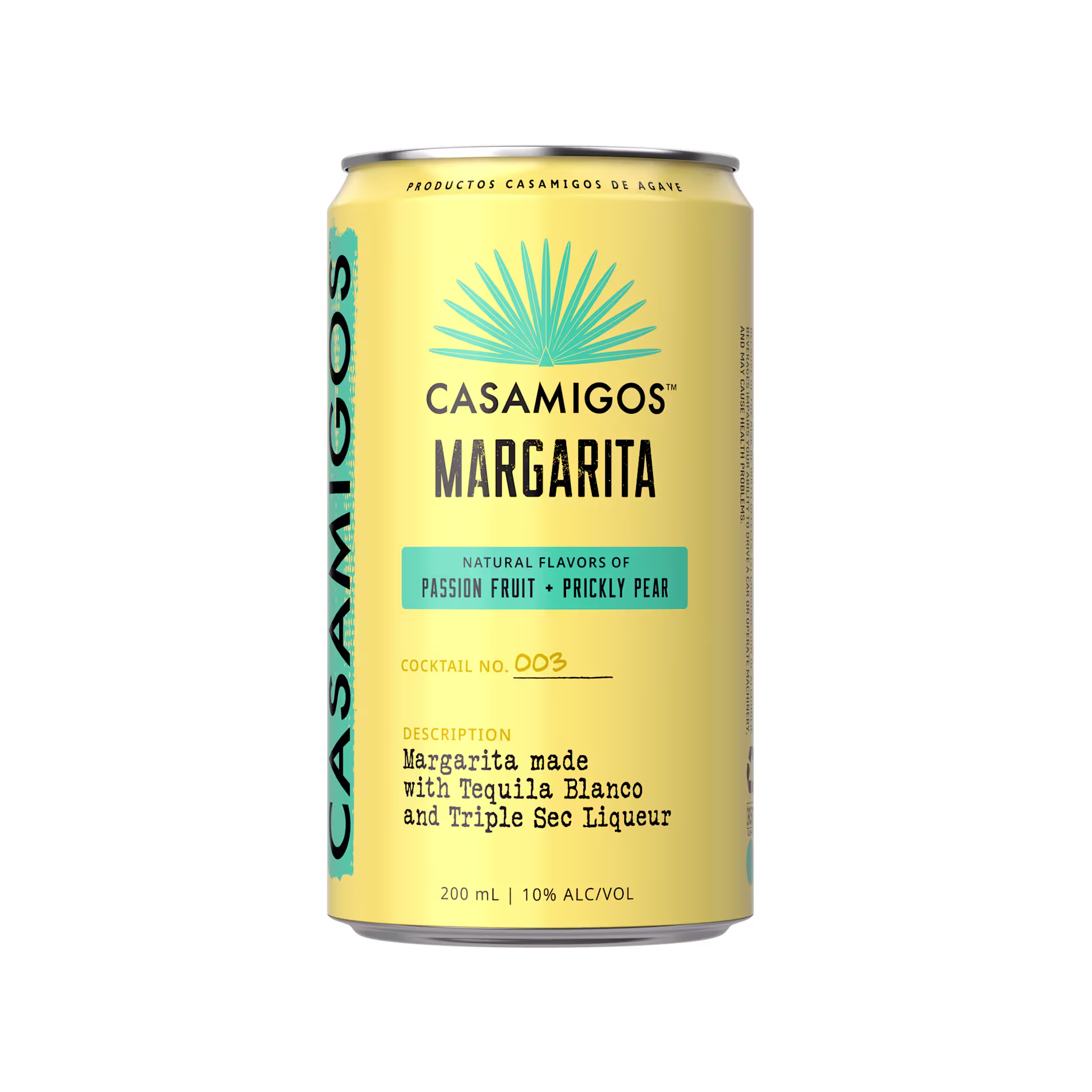 A yellow can of Casamigos Margarita featuring natural flavors of passion fruit and prickly pear, with text highlighting tequila blanco and triple sec liqueur content.