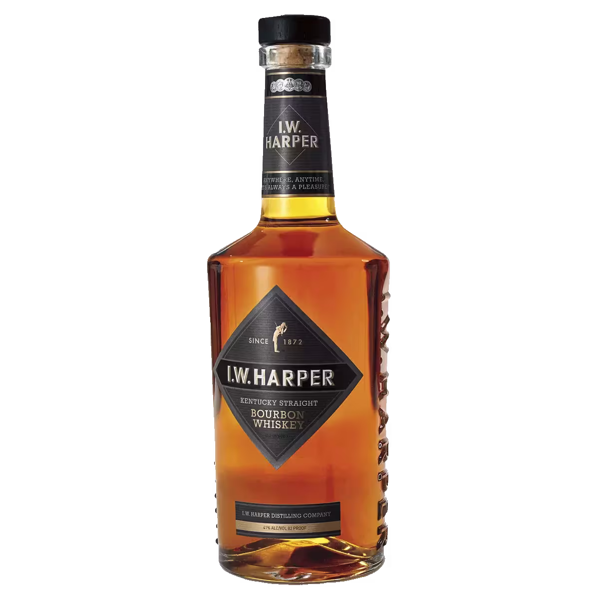 A bottle of I.W. Harper Kentucky Straight Bourbon Whiskey with a black and gold label, filled with amber liquid, set against a plain background.
