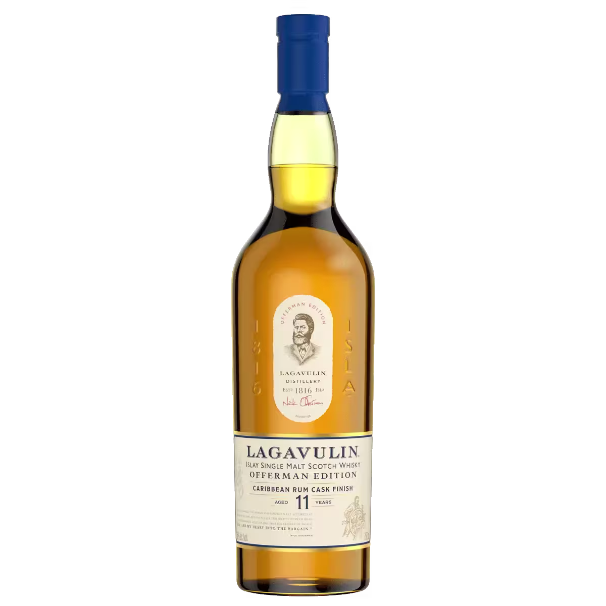A bottle of Lagavulin 11 Year Old Islay Single Malt Scotch Whisky, Offerman Edition, with a blue-topped cap and detailed labeling.