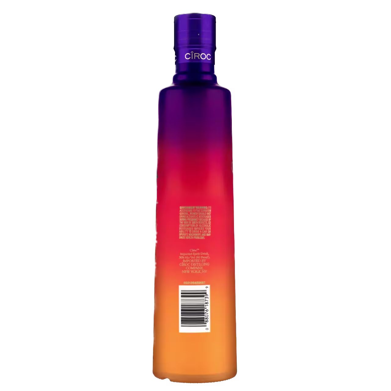 A Ciroc vodka bottle with a gradient design from purple to orange, viewed from the back showing a barcode and product information.