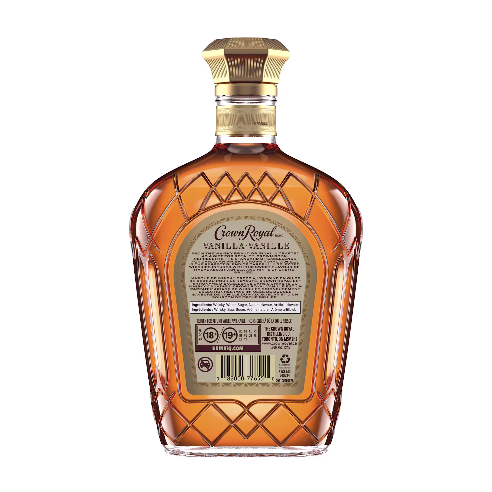 A bottle of Crown Royal Vanilla whiskey shown from the back, featuring a gold cap and a beige label with product information.