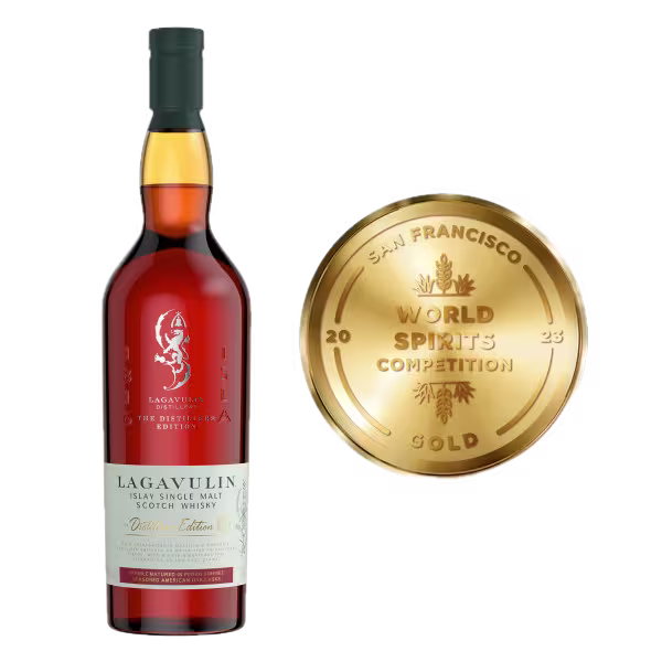 A bottle of Lagavulin Islay Single Malt Scotch Whisky beside a gold medal labeled “San Francisco World Spirits Competition 2023 Gold.”.