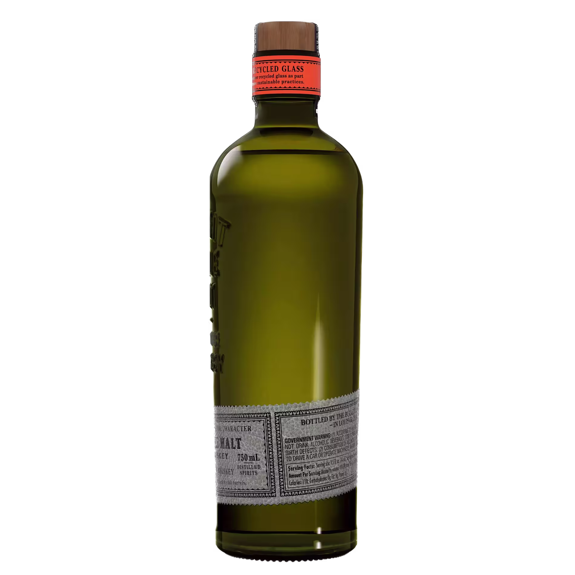 A green glass bottle with an orange cap and a detailed gray label near the base, containing single malt whisky, shown against a plain background.
